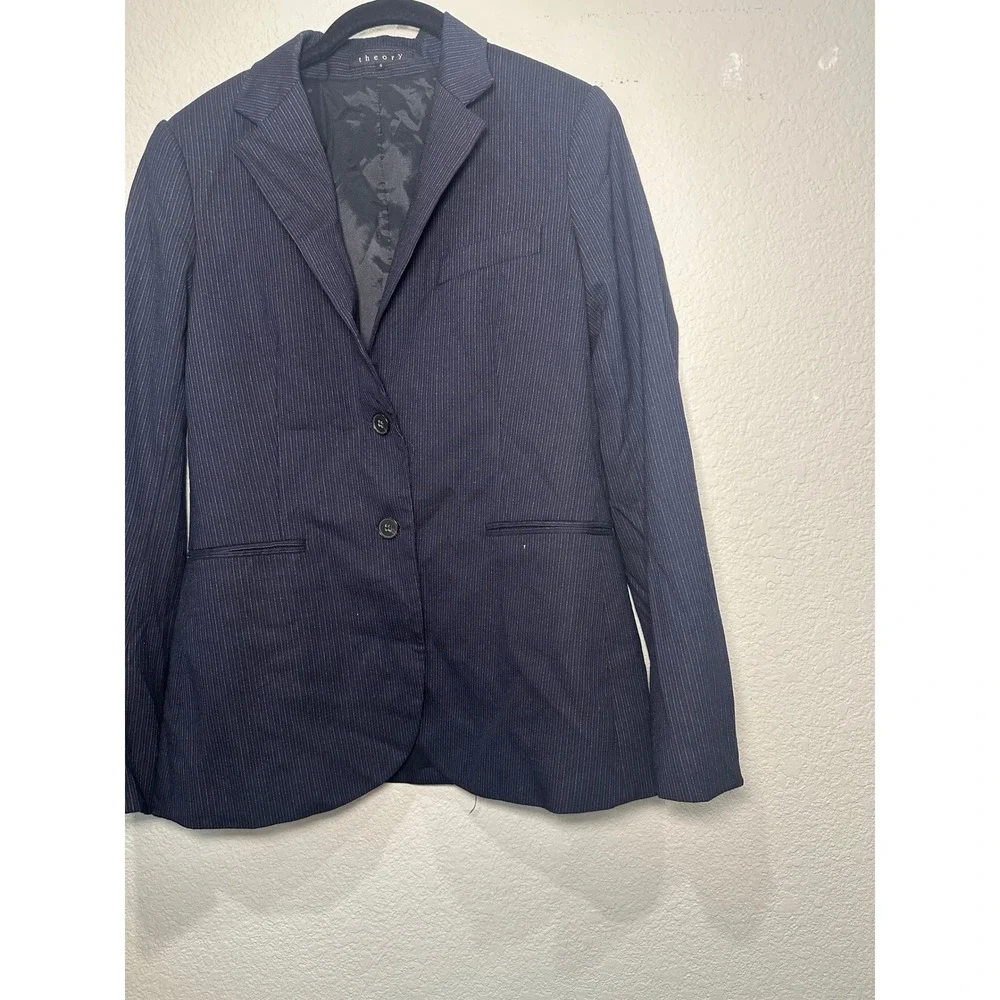 Theory Womens Navy Pinstripe Wool Blend Two Button Blazer Jacket Size 6